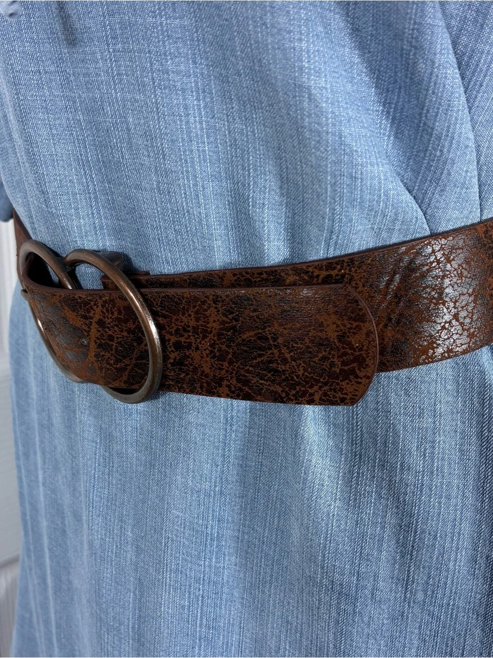 Womens belt 36” long distressed faux leather brown double ring buckle